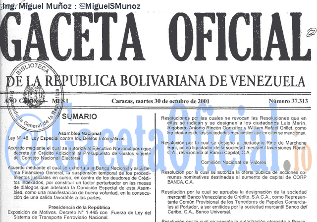 Gaceta Oficial 37313 del 30 Octubre 2001