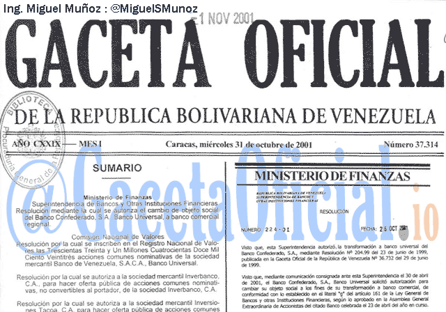 Gaceta Oficial 37314 del 31 Octubre 2001