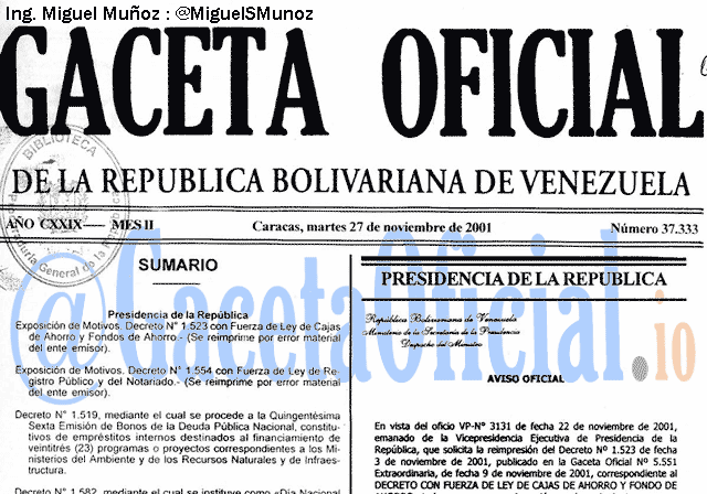 Gaceta Oficial 37333 del 27 Noviembre 2001