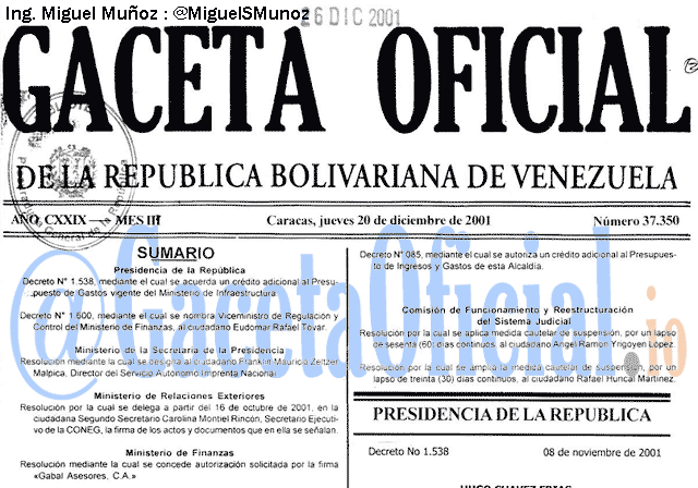 Gaceta Oficial 37350 del 20 Diciembre 2001