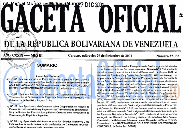 Gaceta Oficial 37352 del 26 Diciembre 2001