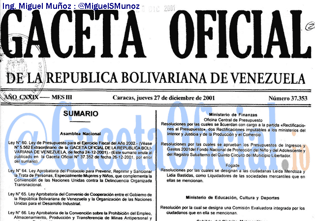 Gaceta Oficial 37353 del 27 Diciembre 2001