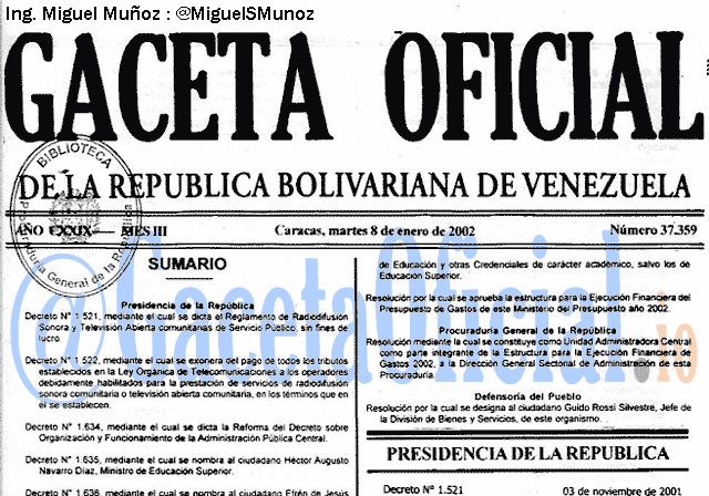 Gaceta Oficial 37359 del 8 Enero 2002