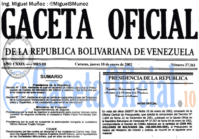 Gaceta Oficial 37361 del 10 Enero 2002