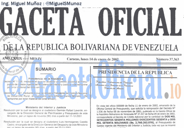 Gaceta Oficial 37363 del 14 Enero 2002