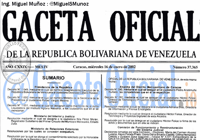 Gaceta Oficial 37365 del 16 Enero 2002