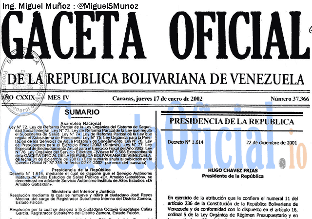 Gaceta Oficial 37366 del 17 Enero 2002
