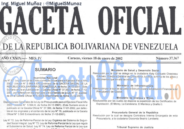 Gaceta Oficial 37367 del 18 Enero 2002