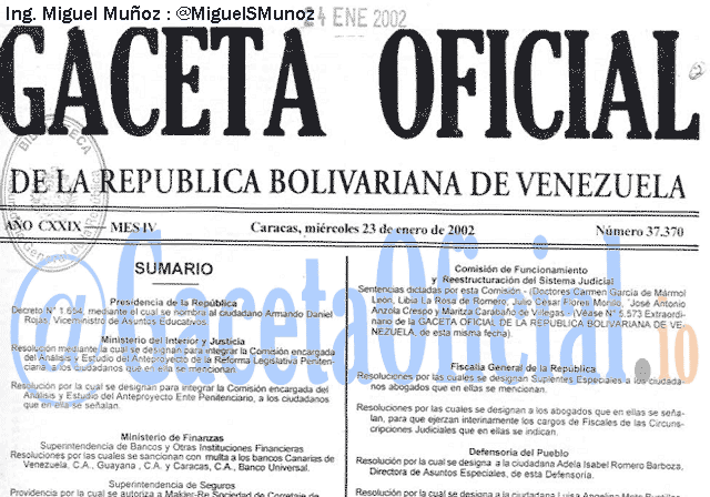 Gaceta Oficial 37370 del 23 Enero 2002