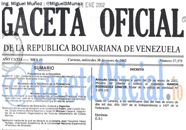 Gaceta Oficial 37375 del 30 Enero 2002