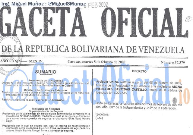 Gaceta Oficial 37379 del 5 Febrero 2002