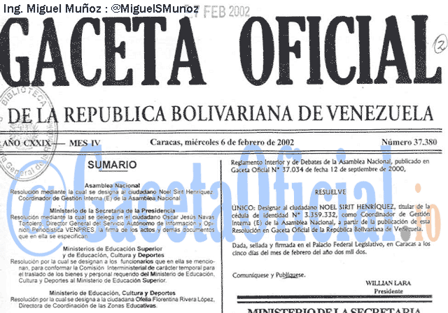 Gaceta Oficial 37380 del 6 Febrero 2002