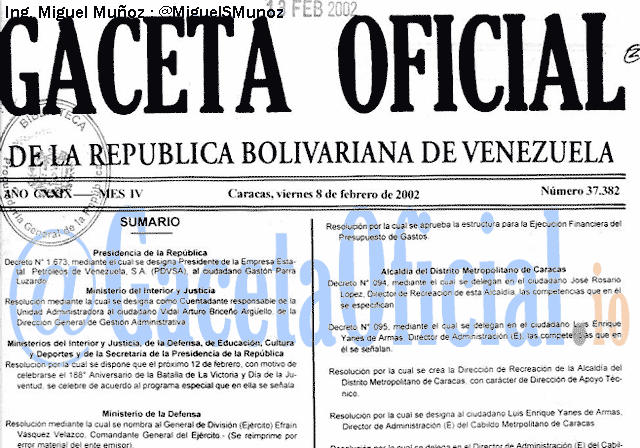 Gaceta Oficial 37382 del 8 Febrero 2002