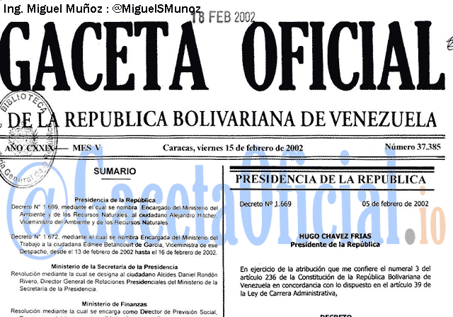Gaceta Oficial 37385 del 15 Febrero 2002