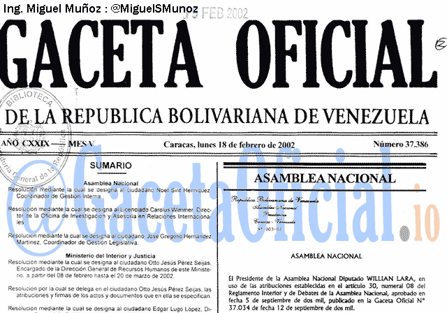 Gaceta Oficial 37386 del 18 Febrero 2002