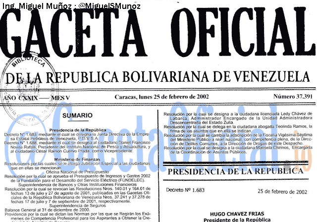 Gaceta Oficial 37391 del 25 Febrero 2002