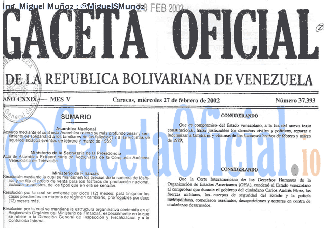 Gaceta Oficial 37393 del 27 Febrero 2002