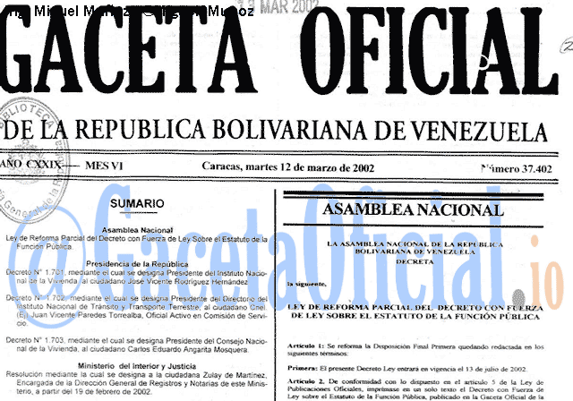 Gaceta Oficial 37402 del 12 Marzo 2002