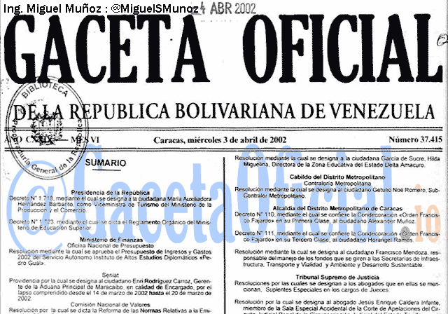 Gaceta Oficial 37415 del 3 Abril 2002