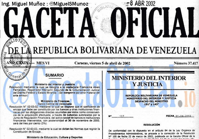 Gaceta Oficial 37417 del 5 Abril 2002