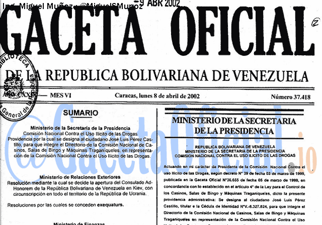 Gaceta Oficial 37418 del 8 Abril 2002