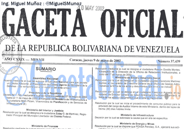 Gaceta Oficial 37439 del 9 Mayo 2002