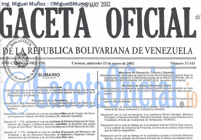 Gaceta Oficial 37443 del 15 Mayo 2002