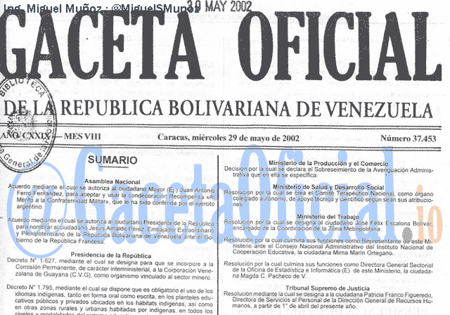 Gaceta Oficial 37453 del 29 Mayo 2002