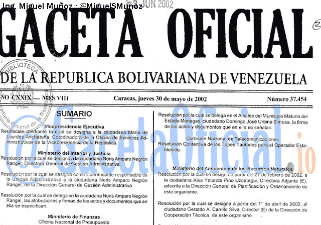 Gaceta Oficial 37454 del 30 Mayo 2002