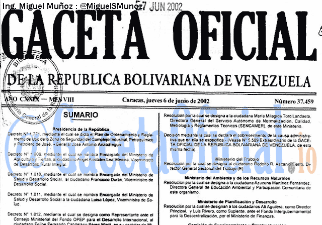 Gaceta Oficial 37459 del 6 Junio 2002