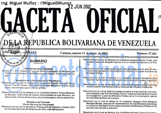 Gaceta Oficial 37462 del 11 Junio 2002