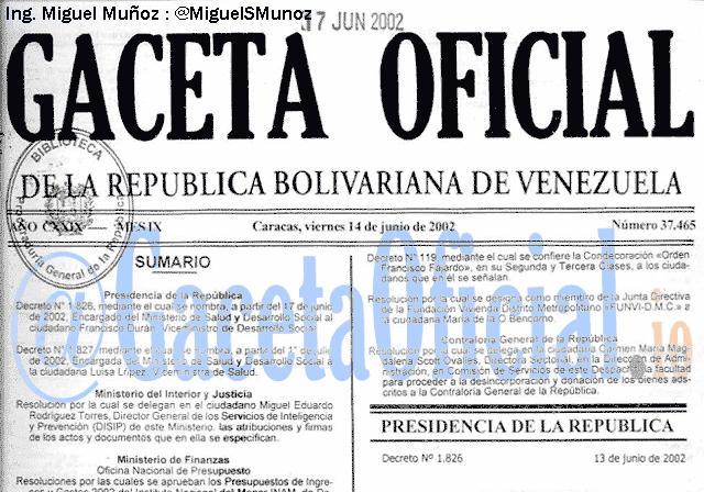 Gaceta Oficial 37465 del 14 Junio 2002