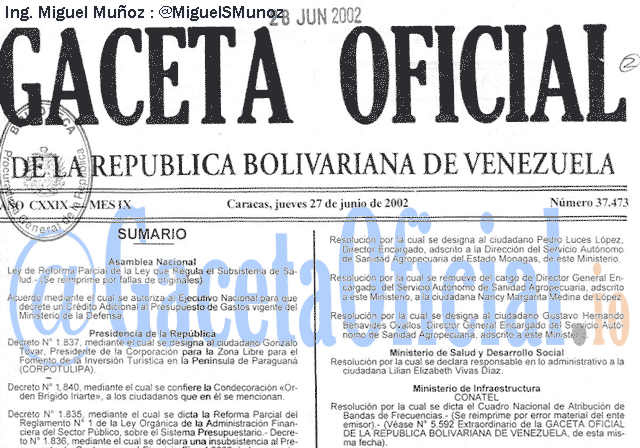 Gaceta Oficial 37473 del 27 Junio 2002