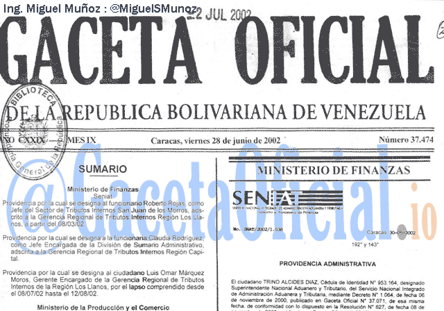 Gaceta Oficial 37474 del 28 Junio 2002