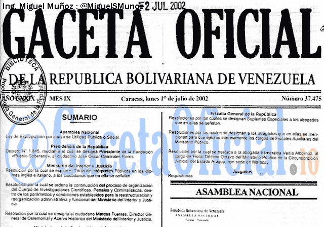 Gaceta Oficial 37475 del 1 Julio 2002