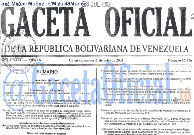 Gaceta Oficial 37476 del 2 Julio 2002