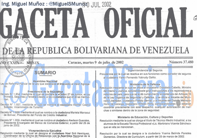 Gaceta Oficial 37480 del 9 Julio 2002