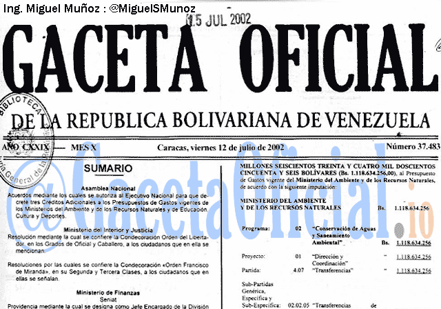 Gaceta Oficial 37483 del 12 Julio 2002