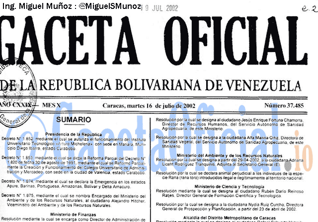 Gaceta Oficial 37485 del 16 Julio 2002