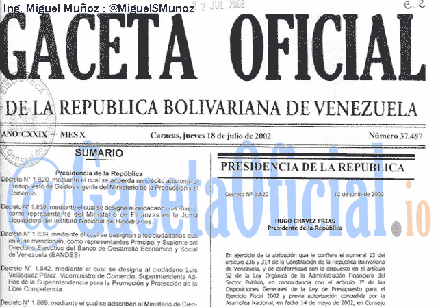 Gaceta Oficial 37487 del 18 Julio 2002