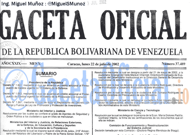 Gaceta Oficial 37489 del 22 Julio 2002