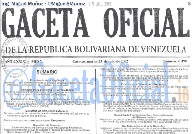 Gaceta Oficial 37490 del 23 Julio 2002