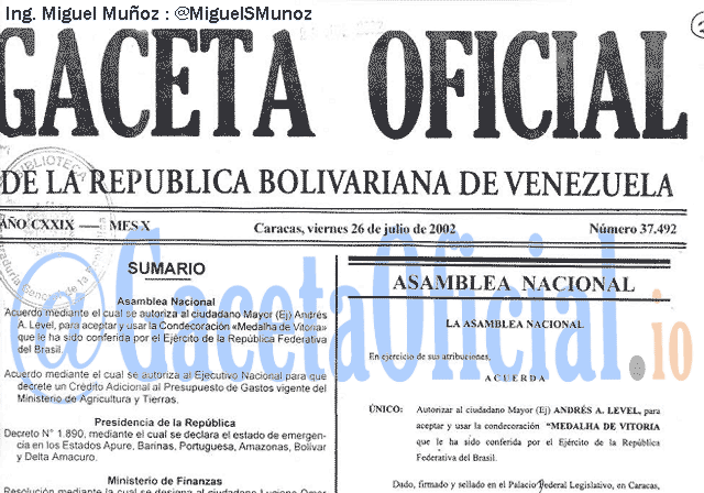 Gaceta Oficial 37492 del 26 Julio 2002