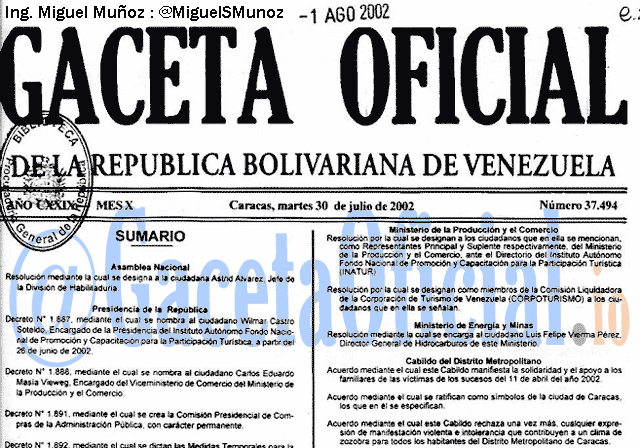 Gaceta Oficial 37494 del 30 Julio 2002