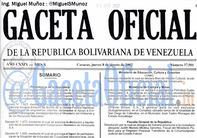 Gaceta Oficial 37501 del 8 Agosto 2002