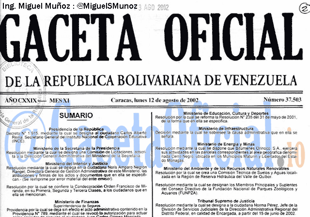 Gaceta Oficial 37503 del 12 Agosto 2002
