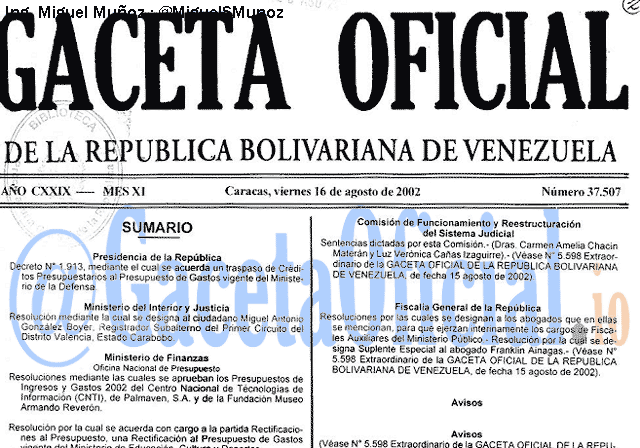Gaceta Oficial 37507 del 16 Agosto 2002