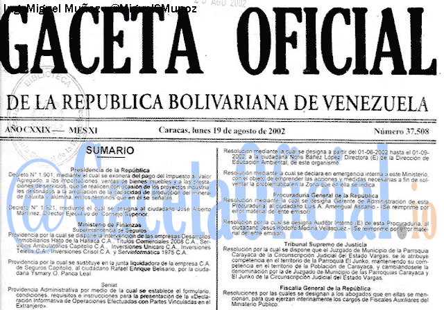 Gaceta Oficial 37508 del 19 Agosto 2002