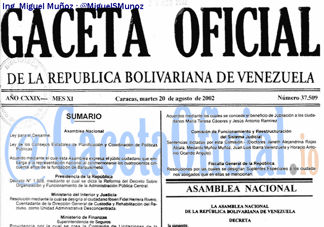 Gaceta Oficial 37509 del 20 Agosto 2002