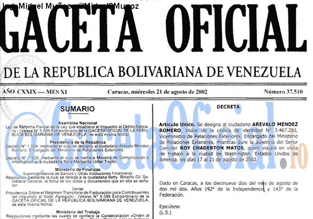 Gaceta Oficial 37510 del 21 Agosto 2002